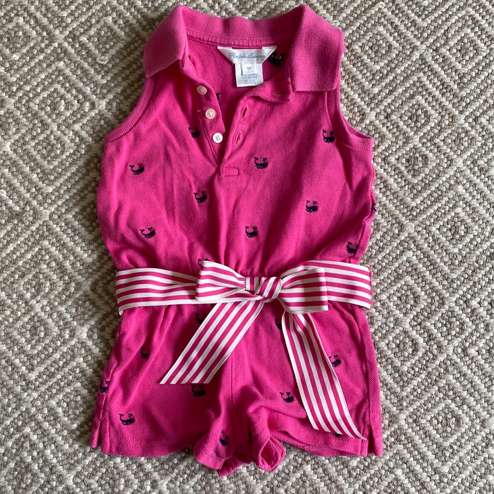 Ralph Lauren pink shorts onesie polo with embroidered navy whales and belt 🐳🐳